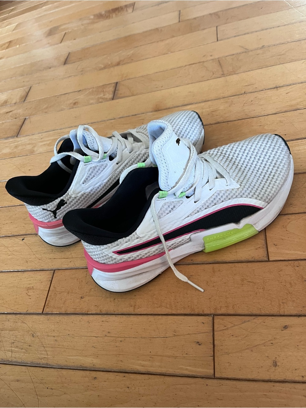 Puma White Sneakers with Black, Pink & Neon Green Accents